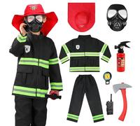 AYBUY Disfraz de Bombero para Niños, 8 pcs Traje de Bombero Infantil con Accesorios, Juego de rol de Bombero para Disfraces, Educación sobre Simulacros de Incendio, Negro, 5 a 6 Años