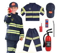AYBUY Disfraz de Bombero para Niños, 8 pcs Traje de Bombero Infantil con Accesorios, Juego de rol de Bombero para Disfraces, Educación sobre Simulacros de Incendio, Navidad, para Niños de 3 a 9 Años