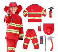 AYBUY Disfraz de Bombero para Niños, 8 pcs Traje de Bombero Infantil con Accesorios, Juego de rol de Bombero para Disfraces, Educación sobre Simulacros de Incendio, Navidad, para Niños de 3 a 9 Años