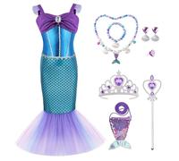 AYBUY Disfraz de Sirena para Niños, Disfraz Sirena Niña con Accesorios de Collar de Varita de Hada, Princesa Vestido de Lujo para Niños para Cosplay, 120CM