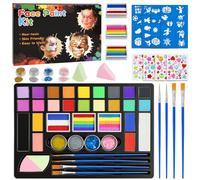 AYBUY Pintura Corporal y Facial, 24 Colors Pinturas Cara para Niños Lavable, Kit de Pintura Facial, 4 Cepillos+40 plantillas+4 pegatinas de gemas+2*Esponjas para Halloween Fiestas Cosplay Semana Santa