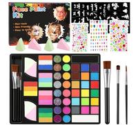 AYBUY Pintura Corporal y Facial, 43 Colors Pinturas Cara para Niños Lavable | Kit de Pintura Facial, 3 Cepillos+84 plantillas+3 pegatinas de gemas+4*Esponjas para Halloween Fiestas Cosplay Semana Santa