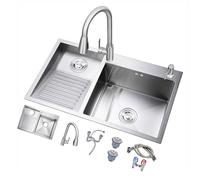 AYCDL Fregadero de acero inoxidable de doble cuenco con tabla de lavado y grifo extraíble, fácil de limpiar, para uso en baño y lavadero, izquierda, 70 x 48 x 22 cm