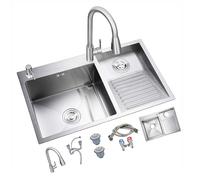 AYCDL Fregadero de acero inoxidable de doble cuenco con tabla de lavado y grifo extraíble, fácil de limpiar, para uso en baño y lavadero, derecha, 60 x 48 x 22 cm