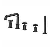 AYCDL Grifo de bañera con ducha de mano, grifo de bañera negro, 3 asas, 5 agujeros, latón macizo, montado en cubierta, grifo mezclador de llenado de estilo industrial para