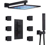 AYCDL Sistema de ducha, latón de 10 a 12 pulgadas, montado en la pared, sistema de cabezal de ducha LED negro con válvula mezcladora termostática y 6 pulverizadores corporales de masaje y combo de