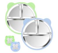 Ayciep Platos infantiles de acero inoxidable con ventosa, 2 platos infantiles de silicona con 4 ventosas, platos de acero inoxidable para bebé, sin BPA, funda de silicona antideslizante, extraíble