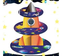 Ayearparty Soporte espacial para cupcakes de 3 niveles, astronauta, cohete, espacio exterior, decoración de mesa, cartón, soporte para tartas, suministros de fiesta temática del sistema solar,