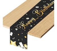 AYESY Camino de Mesa Cumpleaños, 180cm x 35cm Cinta de Mesa Feliz Negro Dorado Mantel de Cumpleaños Decoración para Boda Fiesta Vacaciones Aniversario (Diseño de Estrella)