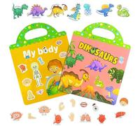 AYESY Libros de Pegatinas Reutilizables, 2 Piezas Impermeables Libros de 3D Pegatinas Reutilizables para Estructura del Cuerpo Humano y Tema Dinosaurios Juguetes Educativos con Pegatins(2-6 años)