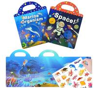AYESY Libros de Pegatinas Reutilizables, 2 Piezas Impermeables Libros de 3D Pegatinas Reutilizables para Temas del Espacio y el Océano, Juguetes de Aprendizaje Sensorial con Pegatins