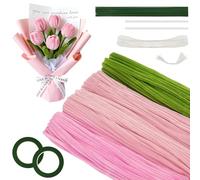 AYESY Limpiador de Pipas Chenilla, 400 Piezas DIY Flores Manualidades y Decoración,con Tallos de Flores, Estambres, Cintas y Listones, 30cm Tulipán Ramo para Madre Día del Padre Regalo Rosa