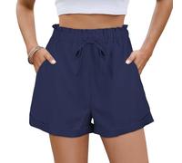 AYESY Pantalones Cortos Mujer,Pantalones Cortos de Verano para Mujer Poliéster Pantalón Corto Cintura Alta Femenino con Cordón Bolsillos para Ocio Viajes Playa M - Azul Marino