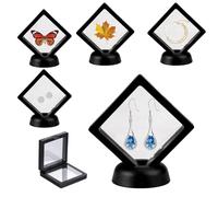 Ayicheyl 4 Piezas Marco Flotante, Expositor Monedas Expositor Flotante 3D con Base, Soporte Joyas para Pendientes,Anillos,Collares,Pulseras, Negro 7x7x2cm+11x11x2cm