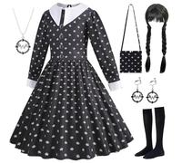 AYIMEIS Disfraz de Miércoles Addams para Niña Miércoles Cosplay Costume con Peluca y Accesorios Vestido de Gótico Negro Navidad Halloween Carnaval Fiesta Etapa Rendimiento Disfraces Chica 110-160