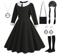 AYIMEIS Disfraz de Miércoles Addams para Niña Miércoles Cosplay Costume con Peluca y Accesorios Vestido de Gótico Negro Navidad Halloween Carnaval Fiesta Etapa Rendimiento Disfraces Chica 110-160