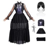 AYIMEIS Mujer Disfraz de Miércoles Addams con Peluca Vestido de Baile Negro Miércoles Season 2 Cosplay Costume Vestido de Gala Gótico Navidad Halloween Carnaval Fiesta Disfraces Adulto XS-3XL