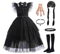 AYIMEIS Niña Disfraz de Miércoles Addams con Peluca y Accesorios Miércoles Cosplay Costume Vestido de Baile Gótico Negro Navidad Halloween Carnaval Fiesta Etapa Rendimiento Disfraces Chica 100-160