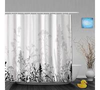 AYISTELU Cortinas de Ducha,Flores Brotes Hojas Plantas Resumen Sombra Telón de Fondo con Flores Flores Blanco Negro, Cortina de Baño Material de poliéster Resistente al Agua con Ganchos 180 * 210cm