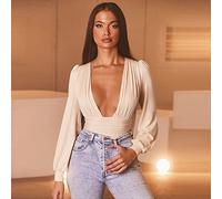 AYJMA Body Fruncido con Cuello en V Profundo para Mujer Otoño Invierno de Manga Larga Skinny Tops Femeninos Sexy Elegante Fiesta negra M Caqui