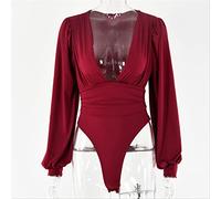 AYJMA Body Fruncido con Cuello en V Profundo para Mujer Otoño Invierno de Manga Larga Skinny Tops Femeninos Sexy Elegante Fiesta negra M Borgoña