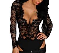 AYJMA Body Sexy De Encaje para Mujer, Mono Transparente De Manga Larga con Escote En V Profundo, Mono Elegante para Mujer, Tops para Discoteca,Negro,L