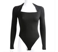 AYJMA Casual Algodón Negro Body de Manga Larga Mujeres Sólido Cuello Cuadrado Body Fitness Spring Jumpsuit Una Pieza M Negro