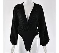 AYJMA Pacthwork Body Boend Mono de Manga Larga para Mujer Moda Casual Verano Mamelucos Cuello en V Profundo Trajes de Cuerpo S Negro