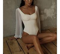 AYJMA Sexy Corsé Cuello Cuadrado Manga Larga Tops Slim Sheer Malla Puff Linterna Manga Mono Camisa Ropa De Otoño para Mujer Mono,Blanco,S