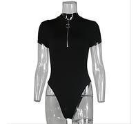 AYJMA Una Pieza Sólido Casual Trajes de Manga Corta Mujeres Cuerpo con Cremallera elástica Sexy Mamelucos Negros Tejer Cremallera Monos Ajustados S Manga Corta Negro