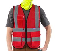 AYKRM Chaleco de seguridad Reflectante Alta visibilidad Ropa de trabajo rejilla Cremallera Multibolsillos Rojo