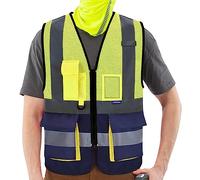 AYKRM Chaleco de seguridad Reflectante malla Alta visibilidad Ropa de trabajo Cremallera Multibolsillos Amarillo Azul marino