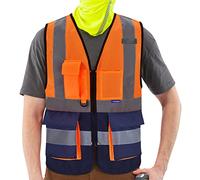 AYKRM Chaleco de seguridad Reflectante malla Alta visibilidad Ropa de trabajo Cremallera Multibolsillos Naranja Azul marino