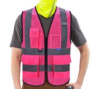 AYKRM Chaleco de seguridad rejilla Reflectante Alta visibilidad Ropa de trabajo Cremallera Multibolsillos Rosa