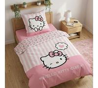 Aymax Juego de ropa de cama Hello Kitty Heart - Edredón 135x200 cm + Funda de almohada 80x80 cm - 100% algodón - Diseño rosa a rayas con motivo de corazón