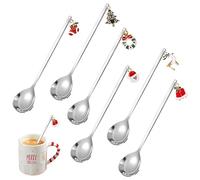 AYMQC Cucharas de Café Navideñas Cucharas de Postre de Acero Inoxidable con Colgantes Navideños Juego de Cucharas de Navidad con Caja de Regalo 6 Piezas (Plata)