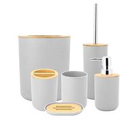 AYNEFY Juego de 6 Accesorios de Baño Modernos Dispensador de Jabón Soporte para Cepillo de Dientes Jabonera Vaso Soporte para Cepillos de Baño Cubo de Basura, Bambú PP (Gris)