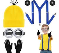 AYNKH 5 piezas de disfraz amarillo para adultos y niños, gorro de punto amarillo, gafas grises, guantes negros, botones, correa de hombro azul, accesorios de disfraz para Halloween, carnaval, fiesta