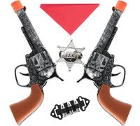 AYNKH 5 piezas Kids Wild West Cowboy Sheriff Double Gun Set con 2 Cowboy Toy Guns, Red Bandana, Bullet Clip y Sheriff Insignia para Role Play, Drama Performance, Dress Up Party