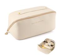 AYNKH Bolsa e CosméTicos e Gran Capacidad,Cuero PU Impermeable,Estuche CosméTico Plano,Bolsa de CosméTicos Multicapa,Beauty Case da Viaggio,Bolsa de Lavado de Almacenamiento,Ligero de Viaje (Beige)