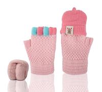 AYNKH Guantes Sin Dedos Niños+Orejeras Ajustable,Guantes Pequeños con Parte Superior Reversible,Guantes Lenex Medio Dedo, Orejeras de Piel de Faux,Regalo Acción de Gracias,Niñas de 5 a 15 Años (Rosa)