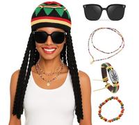 AYNKH - Juego de 5 accesorios para disfraz de Jamaicano, caribeño, gafas de sol negras, peluca trenzada, sombrero, pulsera, collar, mujer y hombre, fiesta de disfraz, Halloween, carnaval,