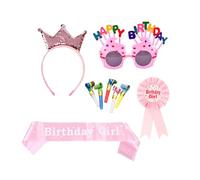 AYNKH Kit de fiesta de cumpleaños rosa de 9 piezas - Gafas divertidas, corona, banda, insignia y 5 silbatos de colores para niños y adultos