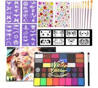 AYNKH Kit de pintura facial para niños, 42 colores, pintura facial no tóxica con múltiples patrones, plantilla reutilizable, 10 pinceles de diferentes tamaños, 2 calcomanías de diamantes de imitación