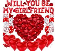 AYNKH Will You Be My Girlfriend - Globos de papel de aluminio con forma de corazón rojo con pétalos de rosa artificiales, decoración para el día de San Valentín, confesión, aniversario, boda