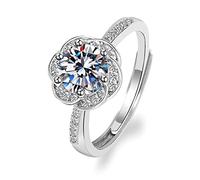 Ayoiow Anillo de compromiso para ella, oro blanco de 9 quilates con diamante de laboratorio para mujer, alianzas de boda con halo de flores para ella, talla 4-11, 4, Oro blanco, Diamante sintético