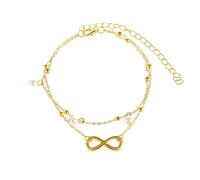 Ayoiow Pulseras para mujer de moda, doble capa infinito con perlas, tobilleras para mujer, en capas, para playa, tamaño ajustable, 22,5 + 10 cm, 2 capas, Metal, Sin piedra preciosa
