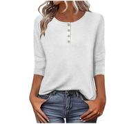 AYSDSKI Blusa de manga 3/4 para mujer, monocolor, camiseta holgada, cuello redondo, parte superior con botones, informal, blusa, suéter, verano, ropa de calle, Blanco, S