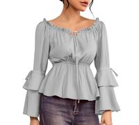 AYSDSKI Boho Off Shoulder - Camiseta de manga larga para mujer, estilo medieval, retro, renacentista, sexy, hombros descubiertos, blusa de corpiño, monocolor, manga trompeta, camiseta gótica, gris, S