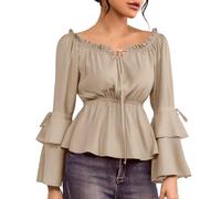 AYSDSKI Boho Off Shoulder - Camiseta de manga larga para mujer, estilo medieval, retro, renacentista, sexy, hombros descubiertos, blusa de corpiño, monocolor, manga trompeta, camiseta gótica, caqui